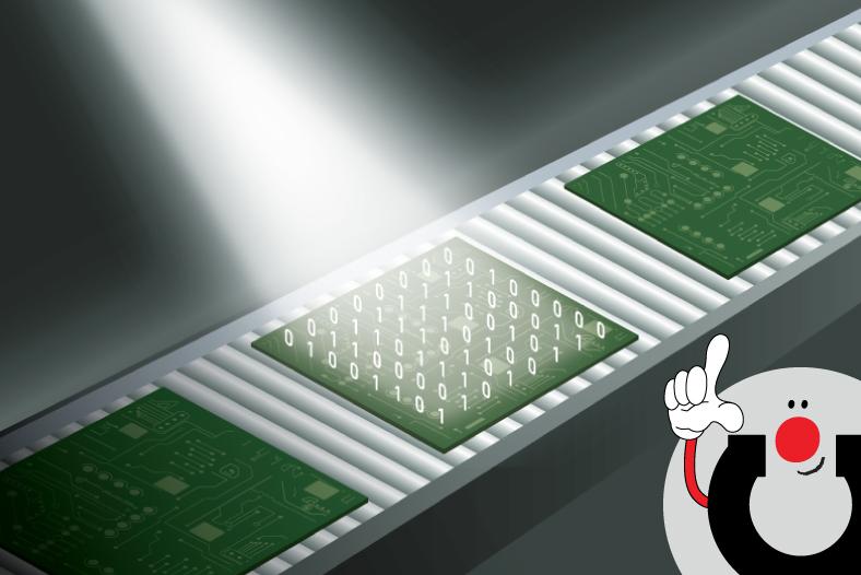 Kuvituskuva, jossa tuotantolinjalla kulkee vihreitä piirilevyjä. Keskimmäinen piirilevy on muuttunut digitaaliseksi binäärikoodiksi (ykkösiä ja nollia), symboloiden konenäön kykyä analysoida tuotteita bittitasolla. Oikeassa alakulmassa Manutecin Manu-maskotti.