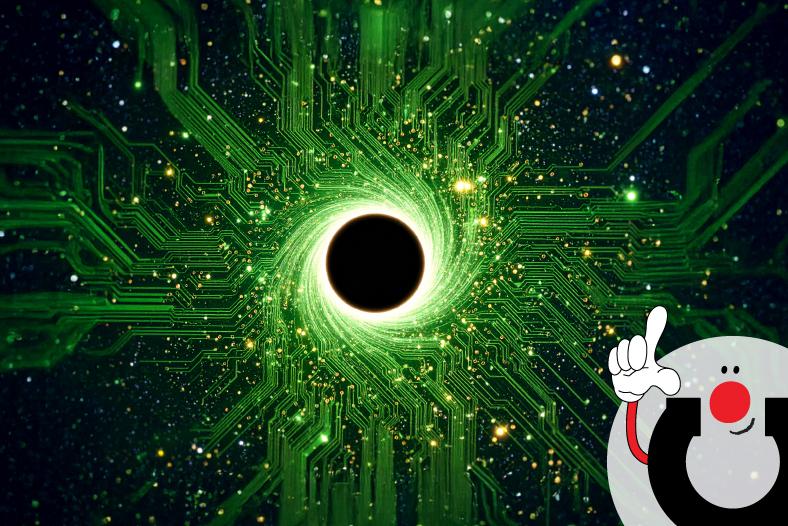 Piirilevy avaruudessa, jonka keskellä musta aukko vetää puoleensa spiraalimaisesti kiitäviä elektronisia komponentteja ja johtimia.