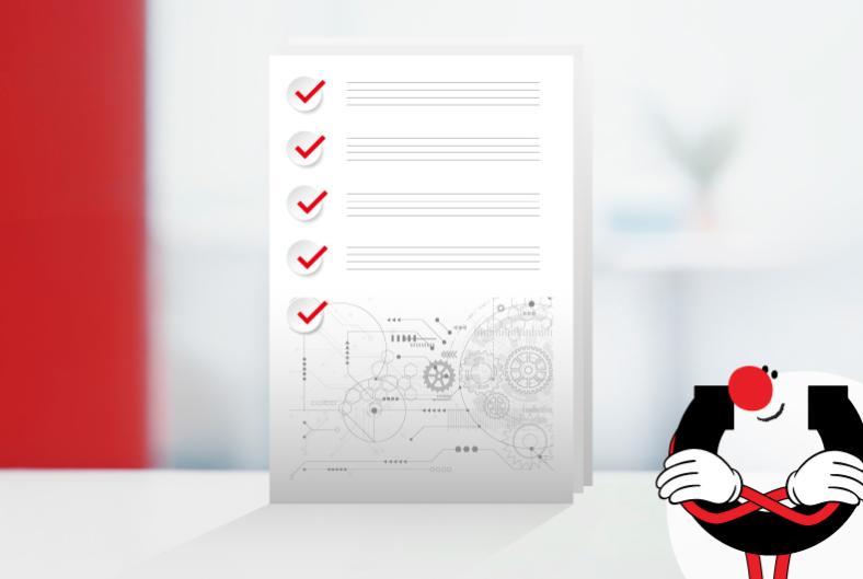 Manutecin hahmo katsoo kädet puuskassa tyytyväisen näköisenä alaoikealla kuvan keskelle, jossa on muistilista Manutecin asiakkaalle.