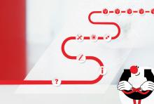 Abstrakti infografiikka, jossa punainen polku mutkittelee S-muotoisena ylöspäin ja päättyy toimituslaatikoihin. Polkulla on sopimusvalmistuksen prosessin vaiheita kuvaavia symboleja: kysymysmerkki (tarjouspyyntö), kynä (tarjous), tietokone-mikrosiru (sopimus), työkalut (tuotannon käynnistäminen) ja toimituslaatikot (toimitus). Oikeassa alakulmassa Manutecin maskottihahmo osoittaa prosessin etenemistä.