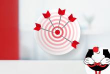 Tikkataulukaavio, jossa viisi nuolta osuu keskiympyrään. Jokainen nuoli edustaa sopimusvalmistuksen kilpailuetua: ydintoimintaan keskittyminen, kustannussäästöt, joustavuus, laadukkaat tuotteet ja nopea markkinoillepääsy. Manutecin punainen värimaailma.