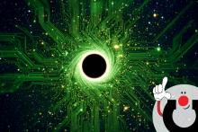 Piirilevy avaruudessa, jonka keskellä musta aukko vetää puoleensa spiraalimaisesti kiitäviä elektronisia komponentteja ja johtimia.