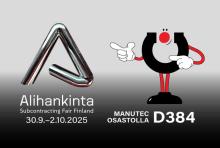 Vasemmalla Alihankintamessujen hopeanvärinen A-logo ja teksti "Alihankinta Subcontracting Fair Finland 30.9.–2.10.2025". Oikealla Manutecin Manu-maskottihahmo, joka on musta pyöreä hahmo punaisella nenällä ja valkoisilla käsineillä, joka osoittaa vasemmalle. Alapuolella teksti "MANUTEC OSASTOLLA D384". Tausta on harmaa gradientti.