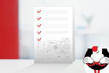 Manutecin hahmo katsoo kädet puuskassa tyytyväisen näköisenä alaoikealla kuvan keskelle, jossa on muistilista Manutecin asiakkaalle.